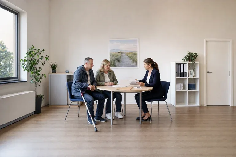 Schwerbehindertenausweis – Unterlagen „Schwerbehindertenausweis – Unterlagen“: Eine Angehörige und eine pflegebedürftige Person prüfen gemeinsam Pflegeunterlagen an einem Tisch.
