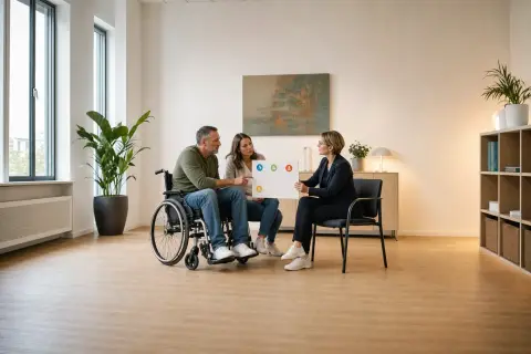 Schwerbehindertenausweis – Voraussetzungen „Schwerbehindertenausweis – Voraussetzungen“: Eine Angehörige und eine pflegebedürftige Person prüfen gemeinsam Pflegeunterlagen an einem Tisch.