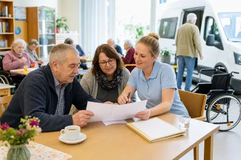 Tagespflege – Antrag „Tagespflege – Antrag“: Eine Angehörige und eine pflegebedürftige Person prüfen gemeinsam Pflegeunterlagen an einem Tisch.