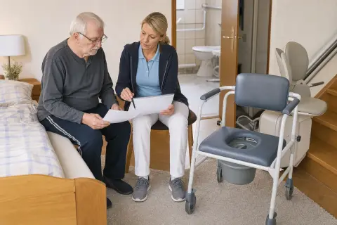 „Toilettenstuhl – Fristen“: Eine Pflegefachperson erklärt einer pflegebedürftigen Person ein Hilfsmittel im barrierearmen Badezimmer.