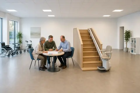 „Treppenlift – Fristen“: Eine Pflegefachperson und eine pflegebedürftige Person besprechen gemeinsam eine Mobilitätshilfe.