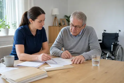„Übergangspflege im Krankenhaus – Antrag“: Eine Angehörige und eine pflegebedürftige Person prüfen gemeinsam Pflegeunterlagen an einem Tisch.