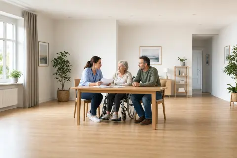 „Übergangspflege im Krankenhaus – Voraussetzungen“: Eine Angehörige und eine pflegebedürftige Person prüfen gemeinsam Pflegeunterlagen an einem Tisch.