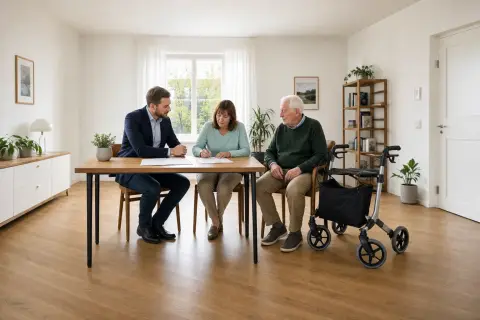 „Unfallversicherung für Pflegepersonen – Antrag“: Eine pflegende Angehörige prüft Unterlagen zur Vereinbarkeit von Beruf, Absicherung und Pflege.
