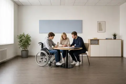 „Verfahrenslotse in der Jugendhilfe – Antrag“: Eltern und eine Fachberaterin besprechen zu Hause die Unterstützung eines pflegebedürftigen Kindes.