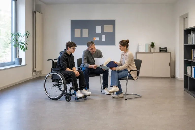Verfahrenslotse in der Jugendhilfe – Unterlagen „Verfahrenslotse in der Jugendhilfe – Unterlagen“: Eltern und eine Fachberaterin besprechen zu Hause die Unterstützung eines pflegebedürftigen Kindes.