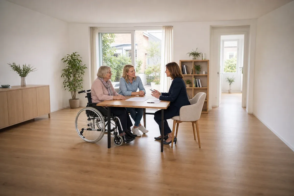 „Vorsorgevollmacht im Pflegealltag – Voraussetzungen“: Eine Angehörige bespricht mit einer älteren Person wichtige Unterlagen und Entscheidungen für den Pflegealltag.