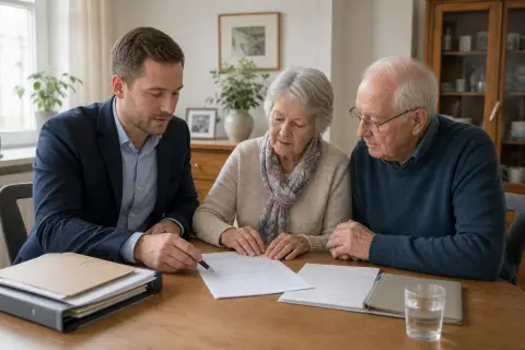 „Vorsorgevollmacht im Pflegealltag – Antrag“: Eine Angehörige bespricht mit einer älteren Person wichtige Unterlagen und Entscheidungen für den Pflegealltag.