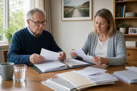 „Vorsorgevollmacht im Pflegealltag – Unterlagen“: Eine Angehörige bespricht mit einer älteren Person wichtige Unterlagen und Entscheidungen für den Pflegealltag.