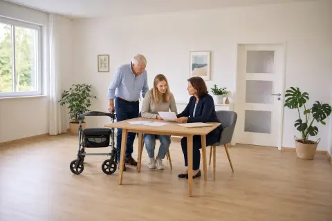 Widerspruch gegen den Pflegegrad-Bescheid vorbereiten „Widerspruch gegen den Pflegegrad-Bescheid vorbereiten“: Eine Angehörige und eine pflegebedürftige Person prüfen gemeinsam Pflegeunterlagen an einem Tisch.