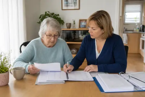Widerspruch gegen den Pflegegrad – Fristen „Widerspruch gegen den Pflegegrad – Fristen“: Eine Angehörige und eine pflegebedürftige Person prüfen gemeinsam Pflegeunterlagen an einem Tisch.