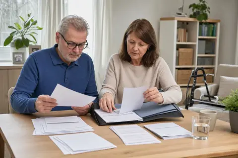 Widerspruch gegen den Pflegegrad – Unterlagen „Widerspruch gegen den Pflegegrad – Unterlagen“: Eine Angehörige und eine pflegebedürftige Person prüfen gemeinsam Pflegeunterlagen an einem Tisch.