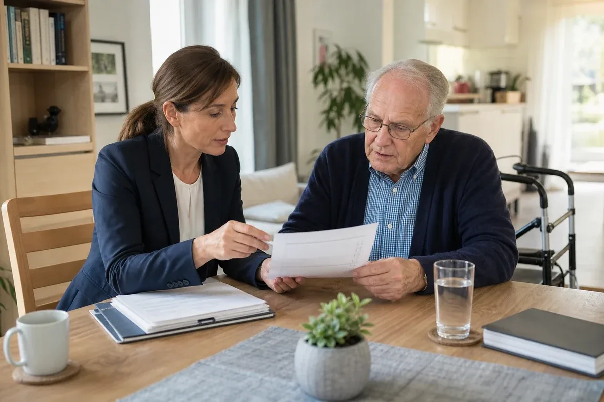 Widerspruch gegen den Pflegegrad – Voraussetzungen „Widerspruch gegen den Pflegegrad – Voraussetzungen“: Eine Angehörige und eine pflegebedürftige Person prüfen gemeinsam Pflegeunterlagen an einem Tisch.