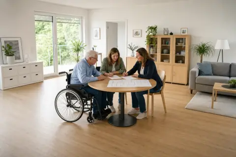 Zuschuss zur Wohnungsanpassung – Antrag „Zuschuss zur Wohnungsanpassung – Antrag“: Eine Pflegefachperson berät eine pflegebedürftige Person zu einem Hilfsmittel für den Alltag zu Hause.